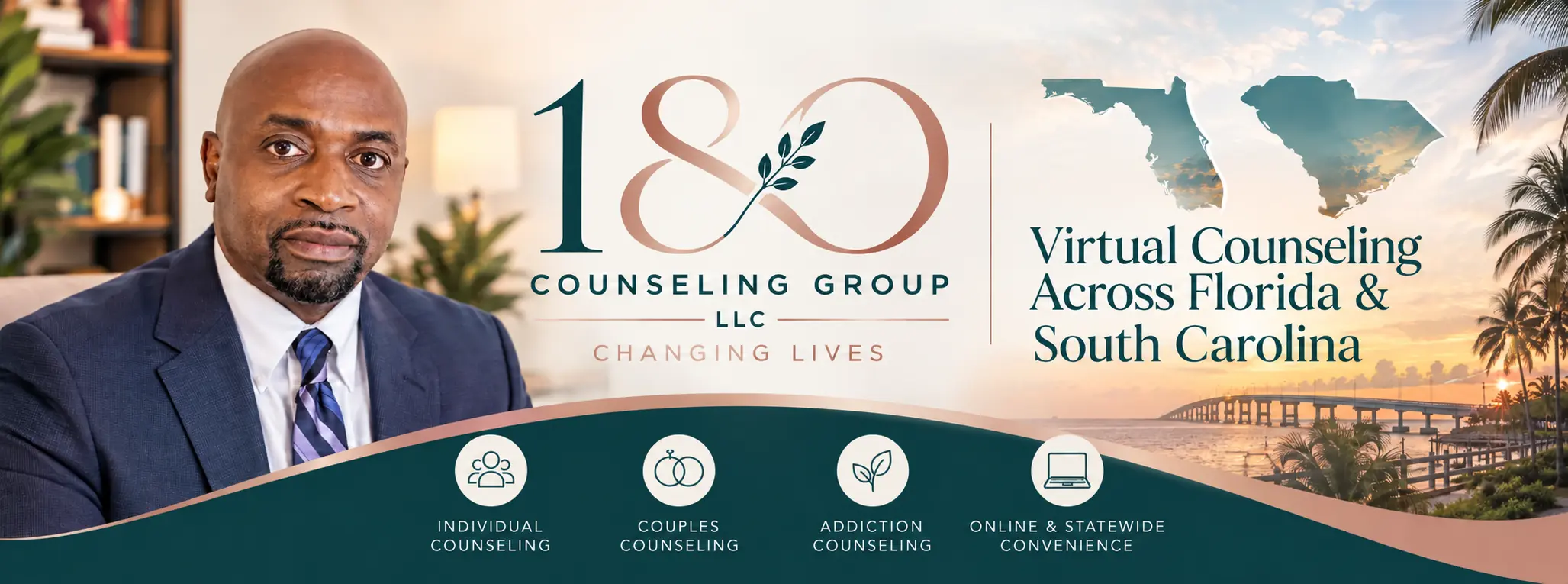 Eddie Collins beside the 180 Counseling Group logo, Florida and South Carolina silhouettes, coastal imagery, and Virtual Counseling Across Florida and South Carolina services