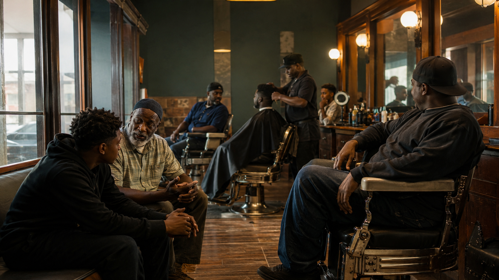 A multigenerational Black barbershop community sharing conversation and everyday ritual